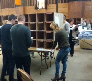 Ballots were sorted into cubbyholes for each of the candidates as the transfer votes were allocated.