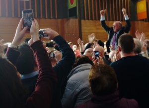Independent candidate Noel Grealish, the second of five to be declared a winner, is hoisted aloft by his supporters.